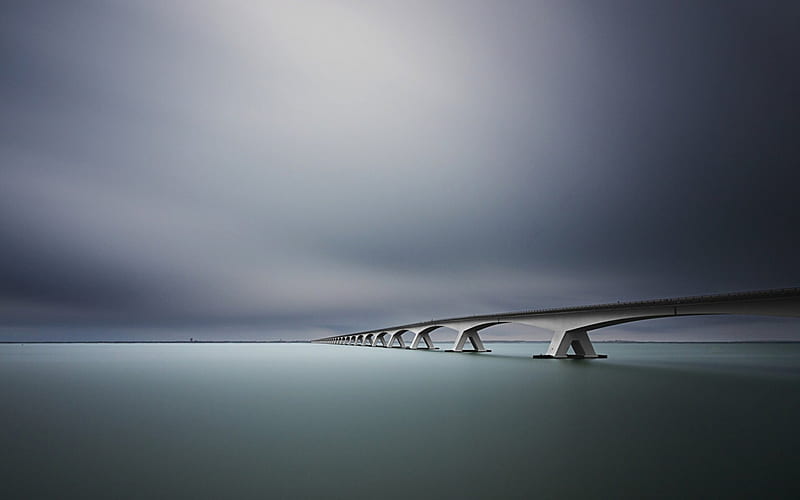 bridge in fog, beams, gray, bridge, fog, sea, HD wallpaper
