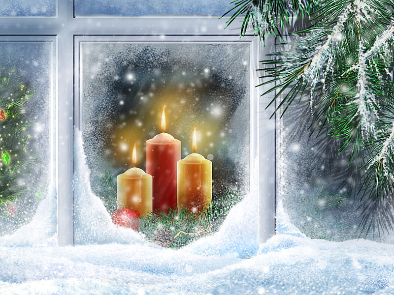 Christmas Candles, window, christmas, snow, evergreen, candles, HD wallpaper