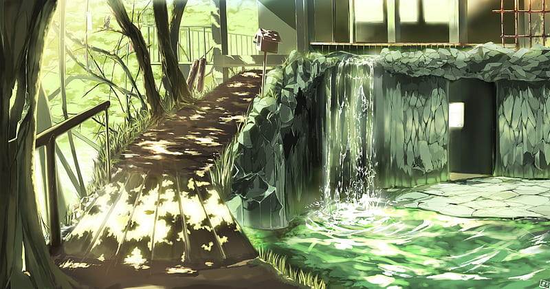 Abandoned Place, tree, scenic, bridge, grass, anime, sunlight, landscape, HD wallpaper