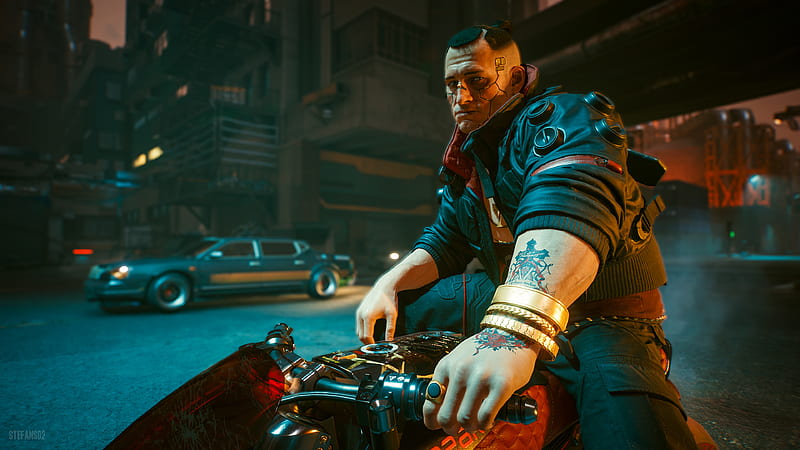 A Man Is Sitting On Bike With Background Of Building And Car Cyberpunk 2077, HD wallpaper