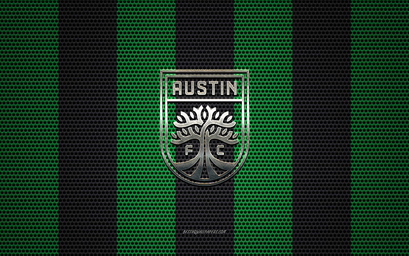 Austin FC logo, American soccer club, metal emblem, green-black metal mesh background, Austin FC, USL, Austin, Texas, USA, soccer, HD wallpaper