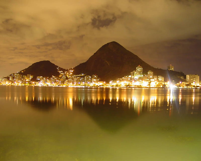 Night city, places, clouds, lights, modern, water, arhitecture, mountains, nights, popular, reflection, HD wallpaper