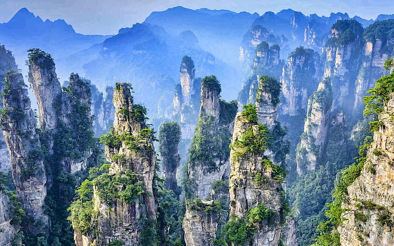 Zhangjiajie National Forest Park, rocks, summer, fog, chinese landmarks, Zhangjiajie, Asia, China, R, HD wallpaper