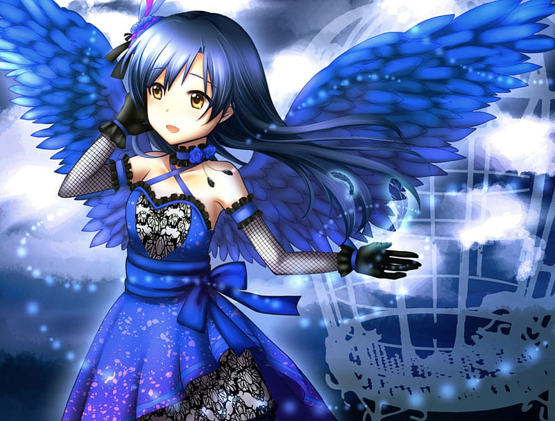 Blue Angel, pretty, dress, wing, sweet, nice, anime, feather, anime girl,  long hair, HD wallpaper | Peakpx