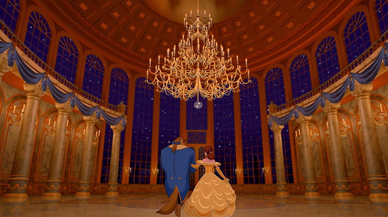 Beauty and the Beast, Belle, Disney, Walt Disney, Cartoon, Ballroom, Beast, HD wallpaper
