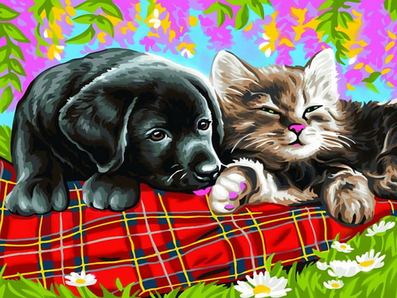 Lazy day, colorful, sleep, grass, adorable, blanket, sweet, lasy, painting, flowers, friends, dog, puppy, art, kitty, nap, cat, daisies, cute, day, garden, kitten, HD wallpaper