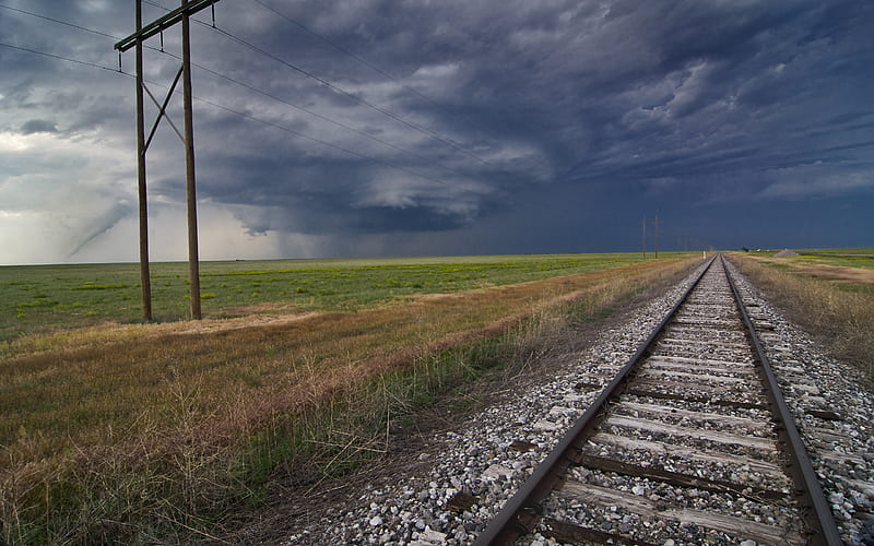 Tornado Tracks, rural, railroad, mothership, electric, tracks, tornado, field, HD wallpaper