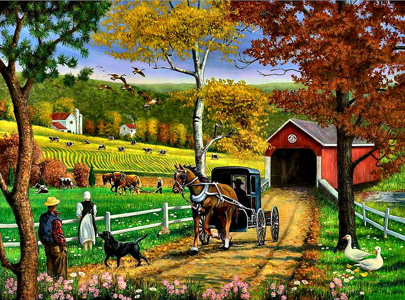 Amish Afternoon FC, art, buggy, equine, bonito, horse, Amish, pets, illustration, artwork, canine, geese, people, painting, wide screen, dogs, HD wallpaper