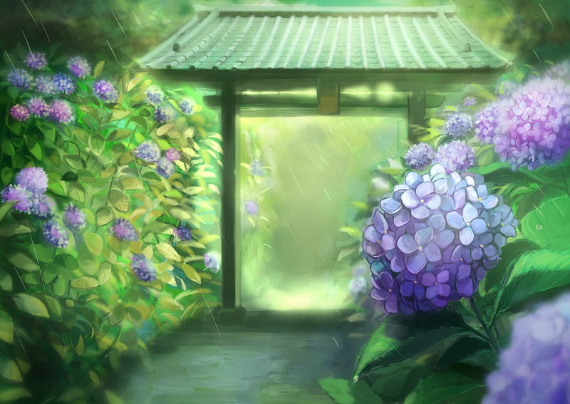 Garden, art, hydrangea, manga, green, purple, anime, water drops, rain, pink, harunatsu akifumi, blue, HD wallpaper