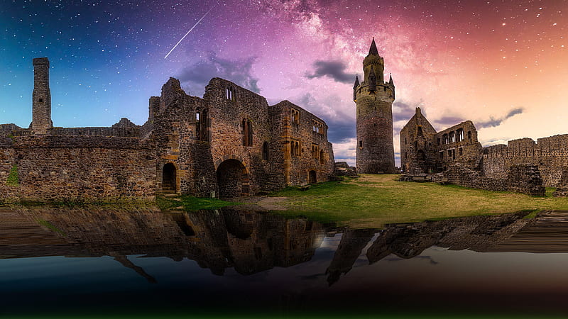 Man Made, Ruin, Architecture, Castle, Cloud, Fortress, Night, Reflection, Starry Sky, Stars, HD wallpaper