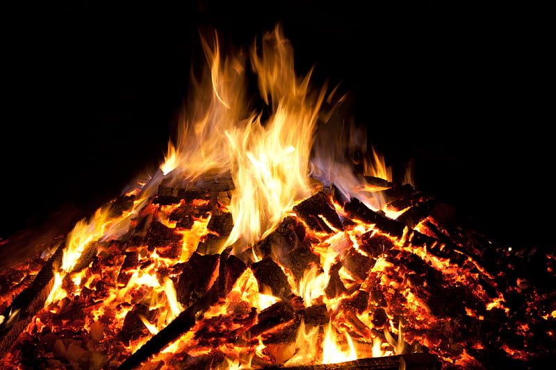 bonfire, flame, fire, night, sparks, HD wallpaper