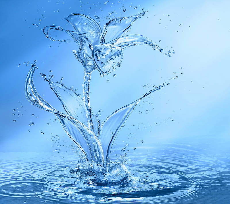 Aqua Flower, blue, drops, splash, water, HD wallpaper