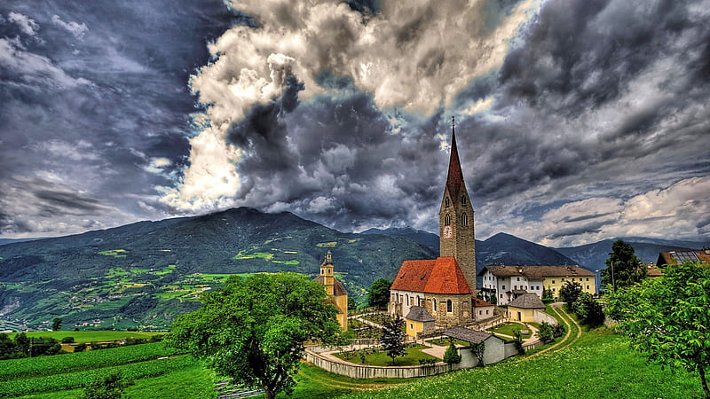 church in beautiful bressanone italy r, grass, mountains, town, r, church, clouds, HD wallpaper