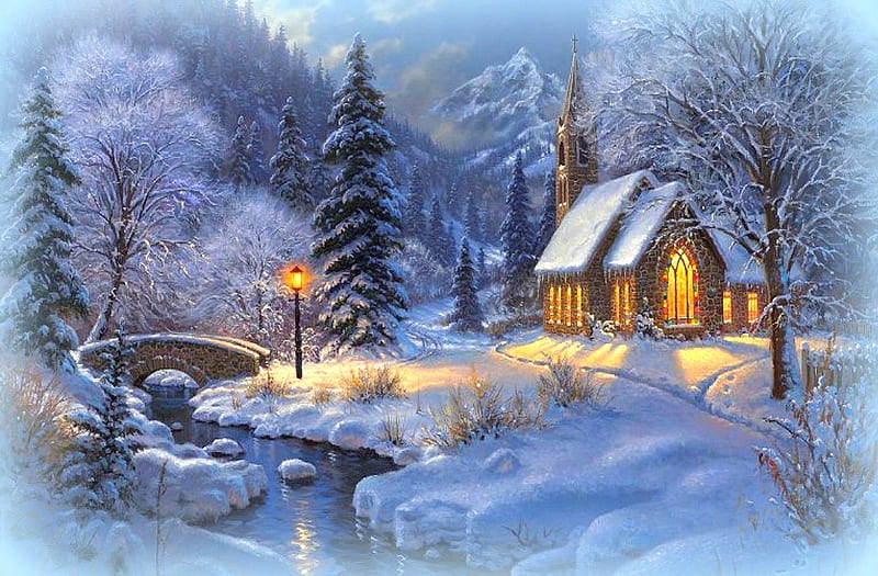 ★Midnight Clear★, cottages, holidays, attractions in dreams, bonito, xmas and new year, valley, greetings, paintings, bridges, white trees, love four seasons, creative pre-made, creek, winter, winter holidays, nature, celebrations, HD wallpaper