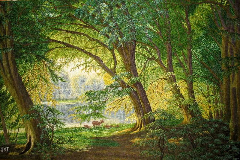 Embroidery Art, forest, water, green, lush, trees, HD wallpaper