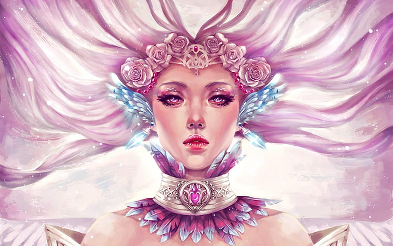 Adaria, art, woman, fantasy, girl, serafleur, amethyst eyes, face, pink, blue, HD wallpaper
