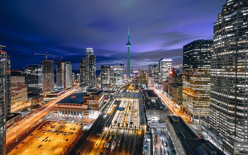 Toronto, CN Tower, evening, city lights, cityscape, skyscrapers, Canada, Ontario, HD wallpaper