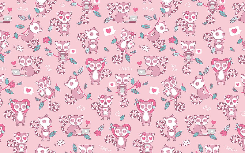 Texture, cute, heart, paper, child, valentine, pink, animal, pattern, HD wallpaper