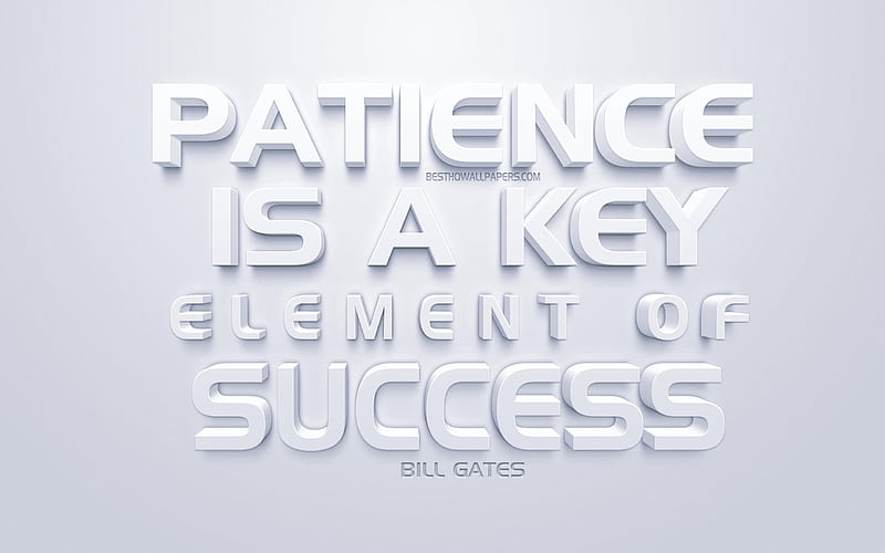Patience is a key element of success, Bill Gates Quotes, white 3d art, popular quotes, success quotes, inspiration, white background, motivation, HD wallpaper