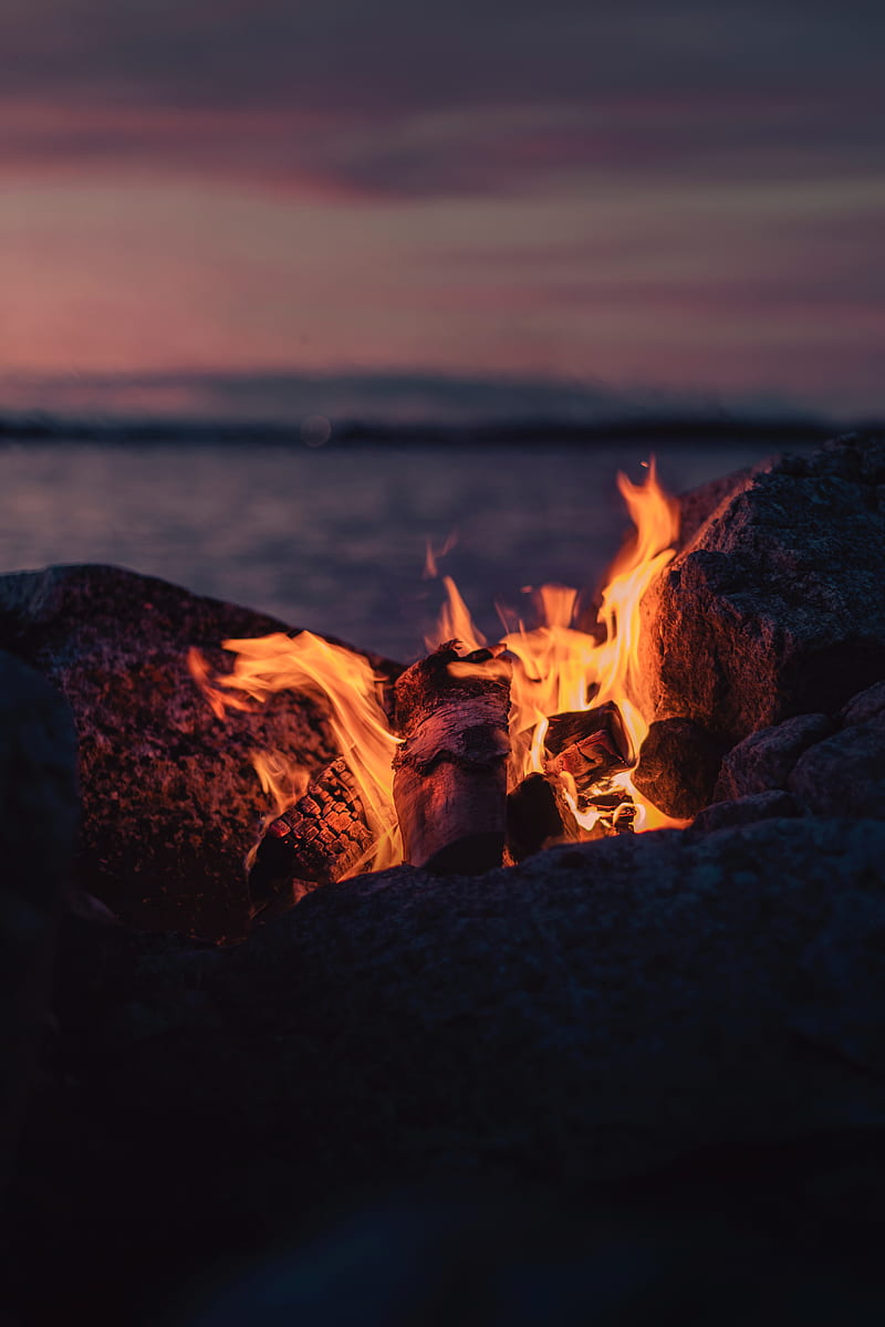 bonfire, fire, flame, stones, firewood, HD phone wallpaper