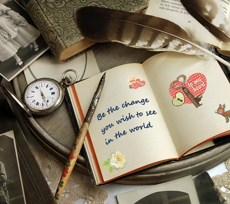 Be the Change ...., pen, feather, timepiece, book, note, motto, HD wallpaper