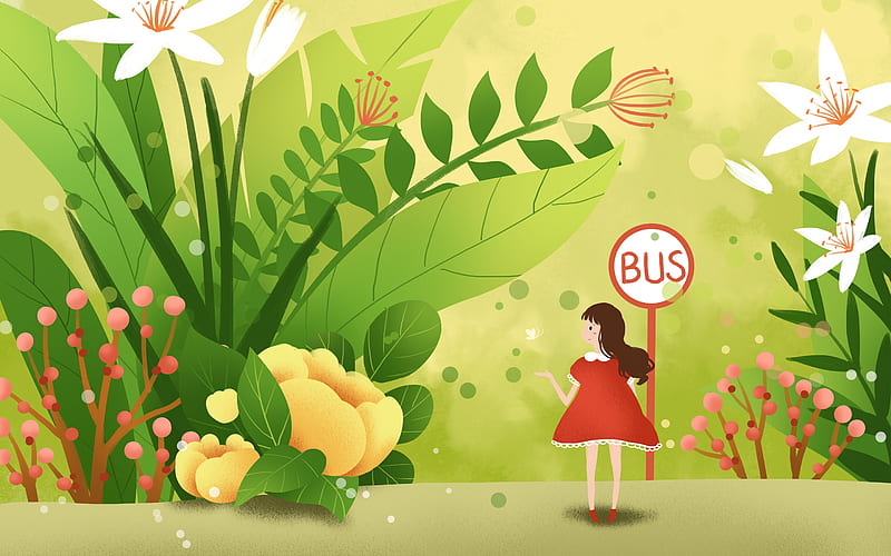 Cute girl bus flowers illustration art, HD wallpaper
