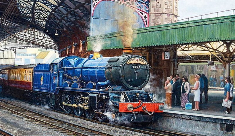 Torbay Express, locomotive, people, painting, station, steam, railways, artwork, HD wallpaper