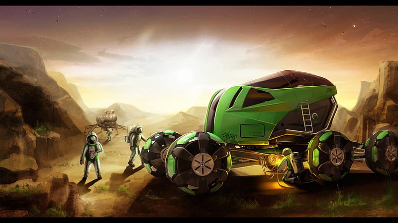 green buggy, planet, astronaut, ship, buggy, HD wallpaper