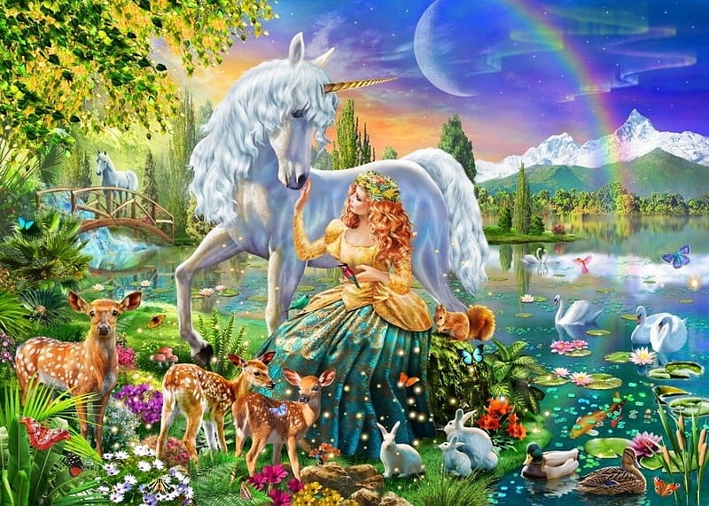 The princess and the unicorn, luminos, unicorn, rainbow, horse, animal, water, fantasy, girl, summer, princess, HD wallpaper