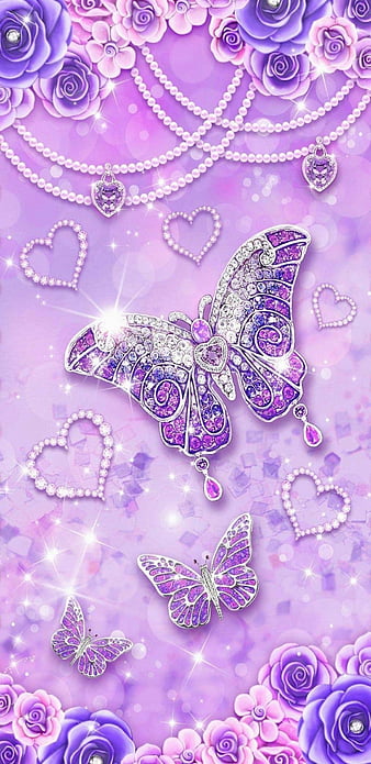 CrystalButterflies, butterfly, flowers, glitter, heart, pretty, purple, HD phone wallpaper