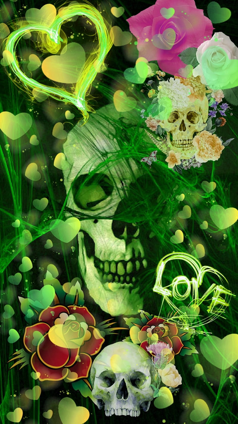 Sci Fi, dead, flourescent, green, corazones, love, skull, sugar, HD phone wallpaper
