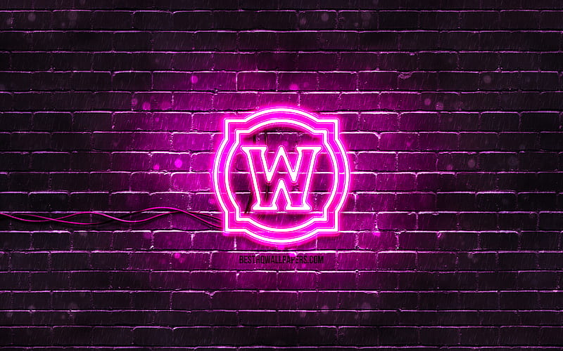 World of Warcraft purple logo WoW, purple brickwall, World of Warcraft logo, creative, World of Warcraft neon logo, WoW logo, World of Warcraft, HD wallpaper