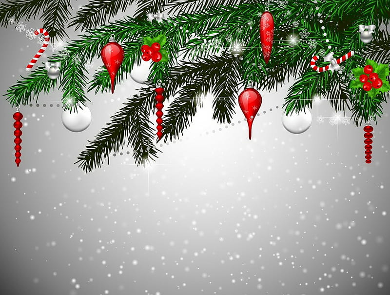 Christmas background, pretty, ornaments, lovely, christmas, holiday, decoration, background, bonito, new year, nice, merry christmas, balls, snow, snowflakes, branches, HD wallpaper