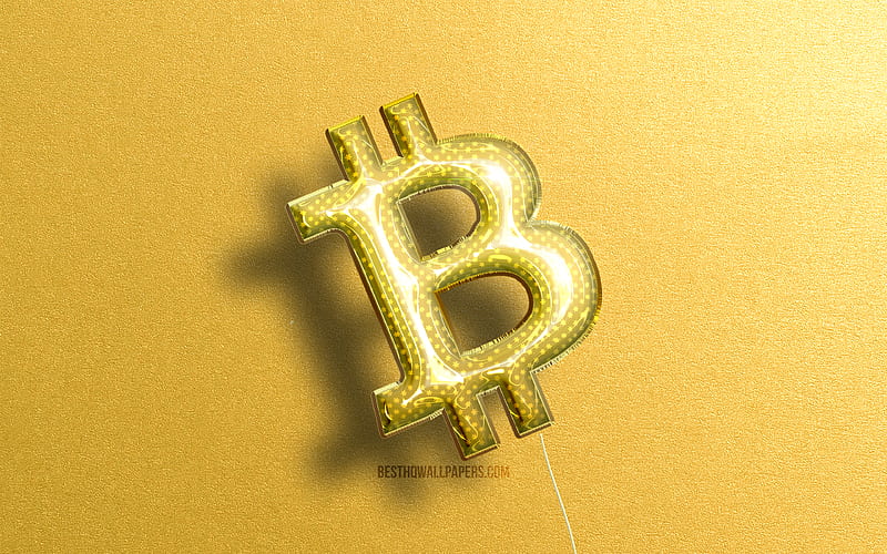Bitcoin 3D logo, yellow realistic balloons cryptocurrency, Bitcoin logo, yellow stone backgrounds, Bitcoin, HD wallpaper
