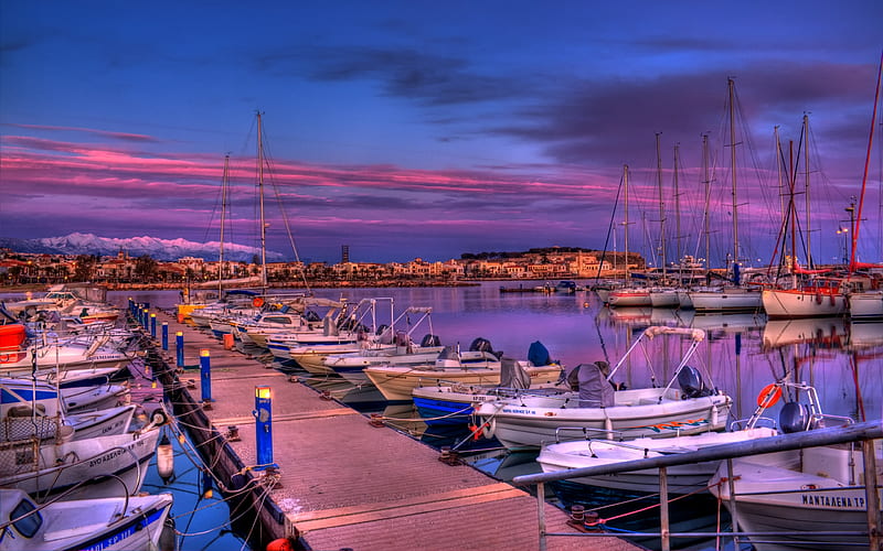 Beautiful View, architecture, house, sunset, clouds, boat, boats, splendor, beauty, sunrise, marina, lovely, houses, town, port, buildings, sky, building, harbour, greece, colorful, sailing, bonito, crete, sea, pink, view, pier, colors, peaceful, summer, nature, sailboat, sailboats, HD wallpaper