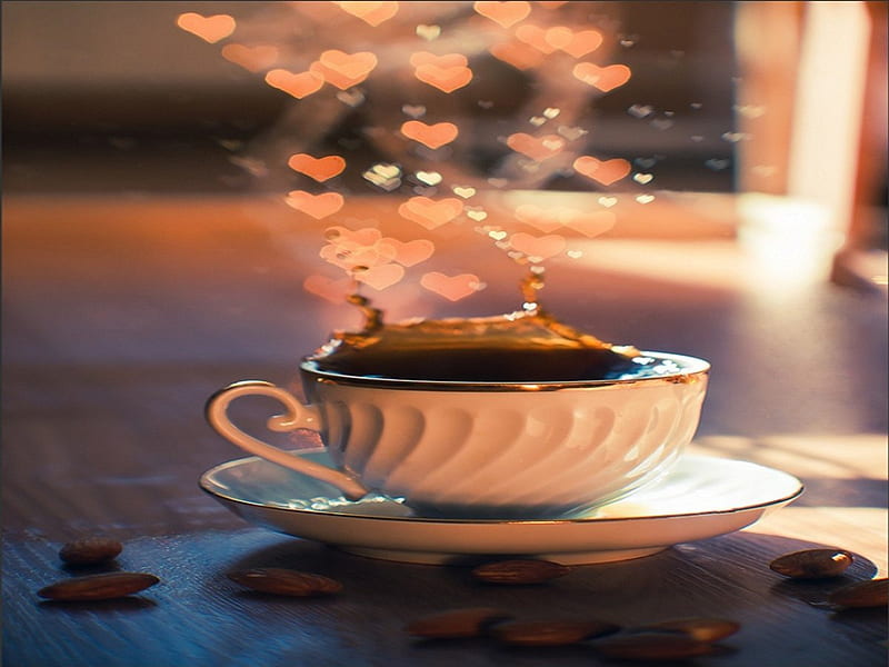 Caffe, table, life, still, corazones, HD wallpaper