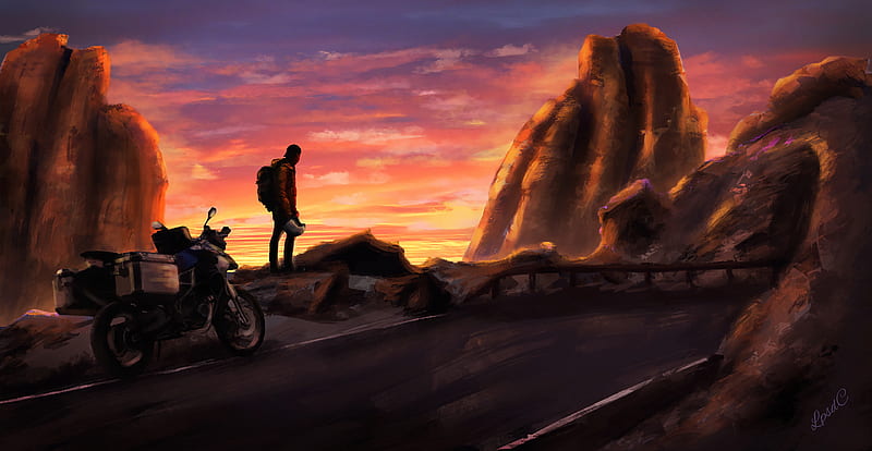 On Road, biker, artist, road, artwork, digital-art, HD wallpaper