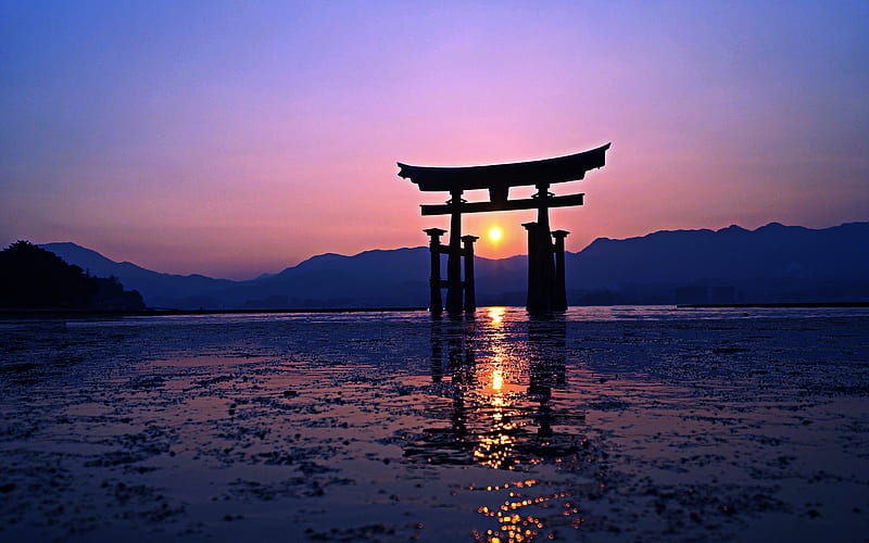 Torii Japanese gate, sunset, R, gate in the water, Asia, japan, HD wallpaper