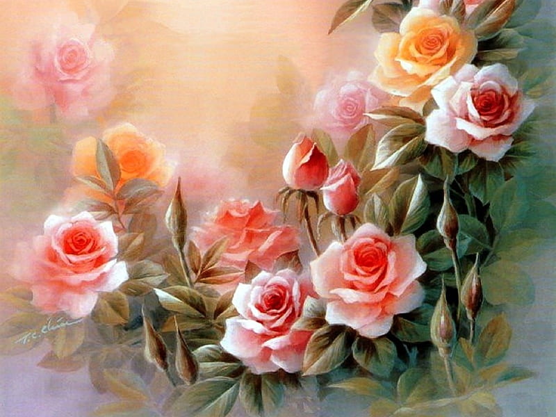 Sweet Roses, paintings, flowers, love four seasons, garden, nature, spring, roses, HD wallpaper