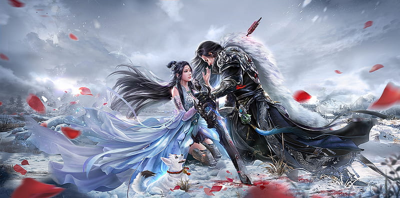 Stay with me, luminos, man, winter, sol, fantasy, girl, couple, dog, knight, HD wallpaper