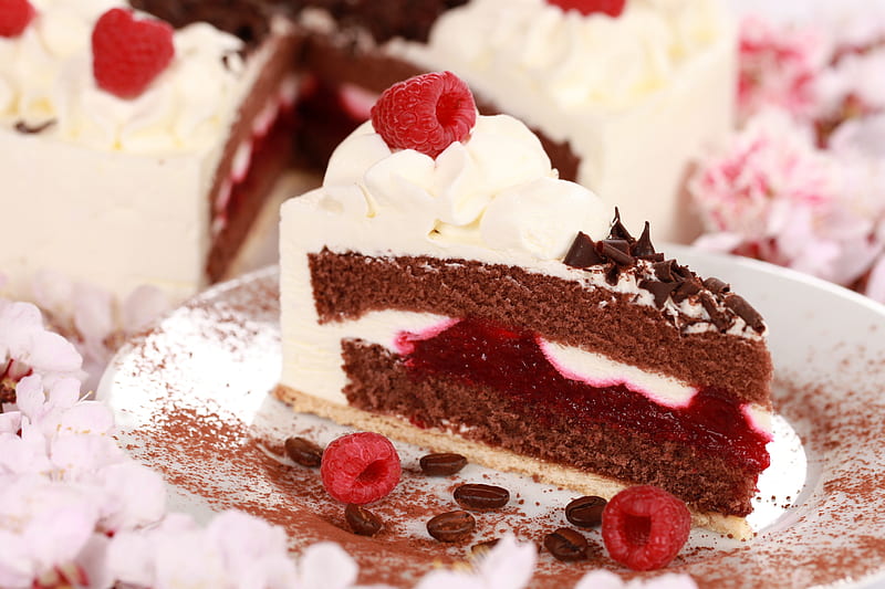 Cake, whipped cream, chocolate, raspberry, coffee beans, sweet, HD wallpaper
