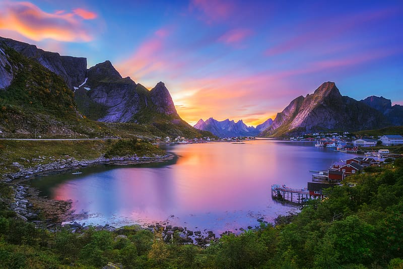 Mountain, Lake, Reflection, Island, Norway, , Lofoten, Reine, HD wallpaper