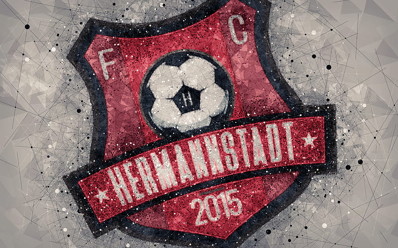 FC Hermannstadt logo, geometric art, gray background, Romanian football club, emblem, Liga 1, Sibiu, Romania, football, art, HD wallpaper