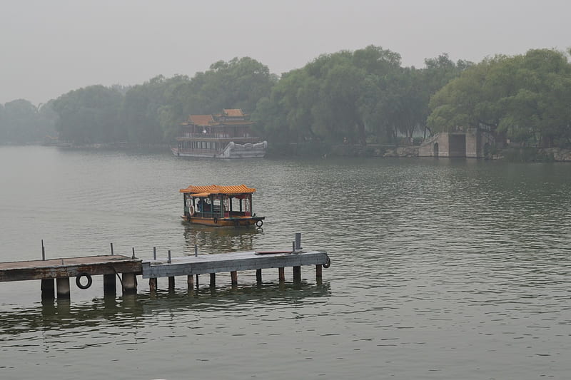 Lone Boat, alone, boat, summer palace, china, sailing, HD wallpaper