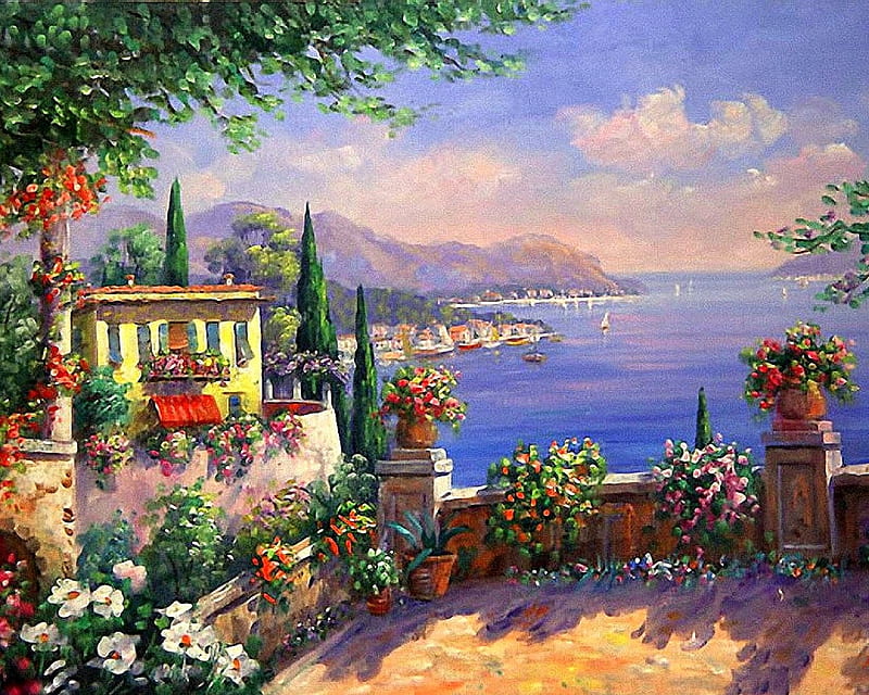 Terrace, flower, painting, ocean, HD wallpaper | Peakpx