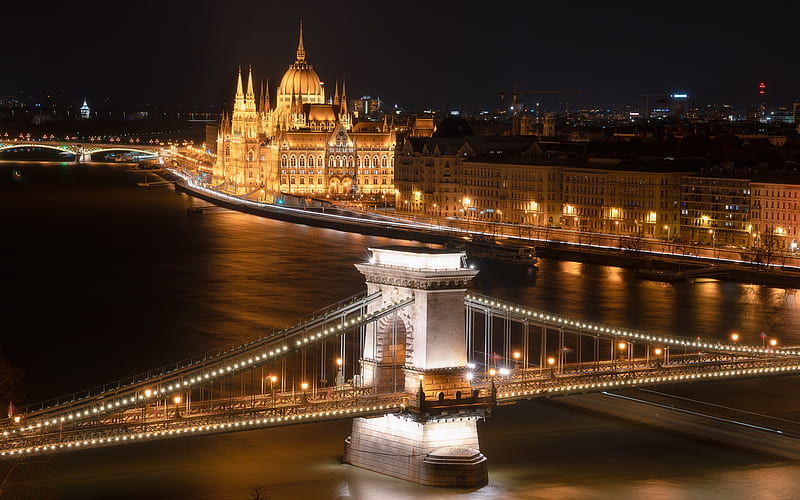 Budapest, Hungarian Parliament Building, Szechenyi Chain Bridge, Danube river, night, landmark, Budapest cityscape, Hungary, HD wallpaper
