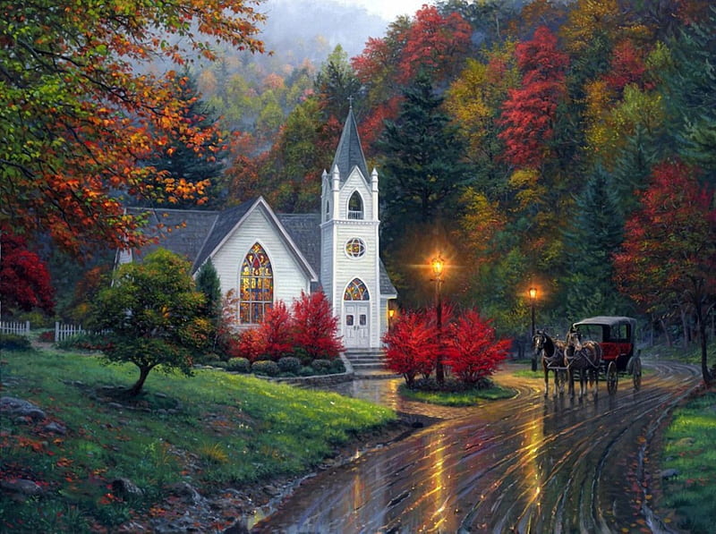 Autumn Chapel, painting, autumn, chapel, trees, light, HD wallpaper