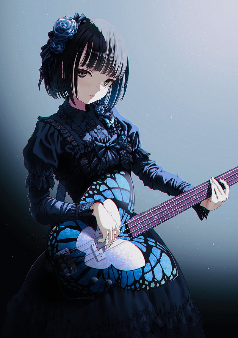 gothic anime girl, lolita, guitar, instrument, dark, short hair, Anime, HD phone wallpaper