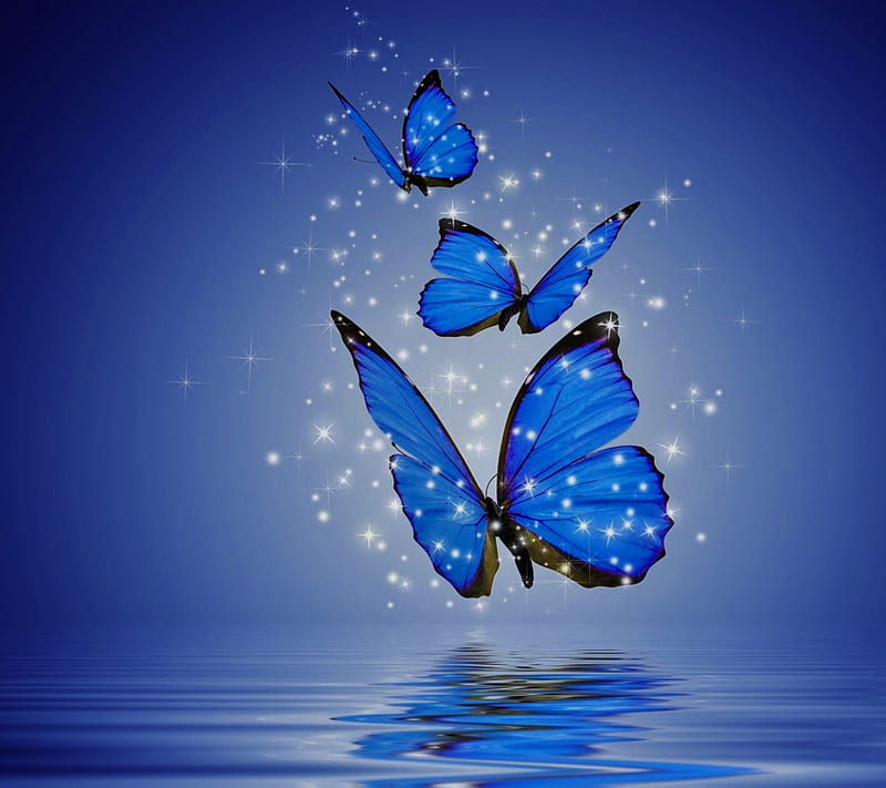 Butterflies, abstract, blue, butterfly, lake, stars, HD wallpaper
