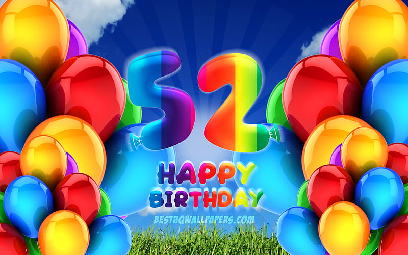 Happy 52 Years Birtay, cloudy sky background, Birtay Party, colorful ballons, Happy 52nd birtay, artwork, 52nd Birtay, Birtay concept, 52nd Birtay Party, HD wallpaper